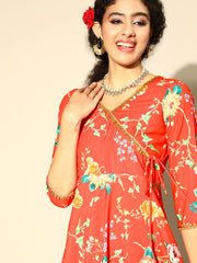 Women Red & Green Floral Printed Gotta Patti Angarakha Kurta with Taselled Tie-Ups - Inddus.com