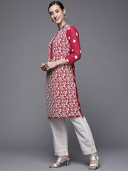 Women Red & White Ethnic Motifs Embroidered Georgette Kurta - Inddus.com