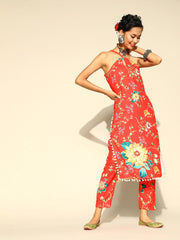 Women Red & Yellow Floral Print Tasselled Fusion Kurta with Trousers - Inddus.com