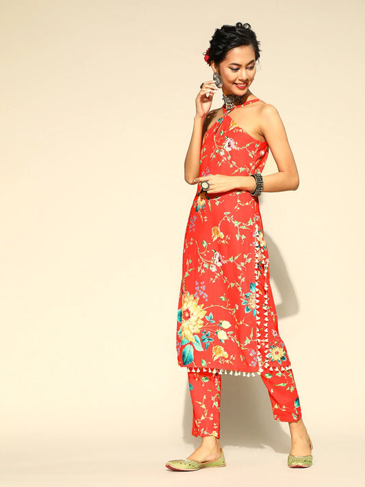 Women Red & Yellow Floral Print Tasselled Fusion Kurta with Trousers - Inddus.com