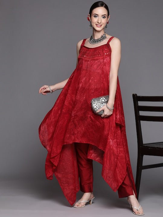 Women Red Yoke Design Thread Work Kurta with Trousers - Inddus.com