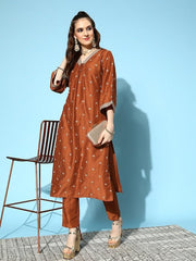 Women Rust Ethnic Motifs Embroidered Kurta with Trousers - Inddus.com