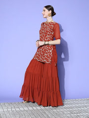 Women Rust Floral Embroidered Regular Kurta with Sharara & With Dupatta - Inddus.com