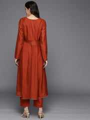 Women Rust High Slit Sequinned Kurta with Trousers - Inddus.com