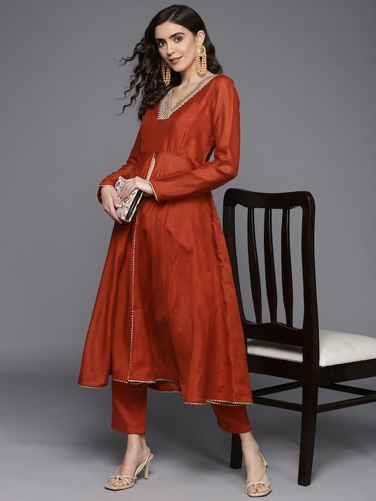 Women Rust High Slit Sequinned Kurta with Trousers - Inddus.com