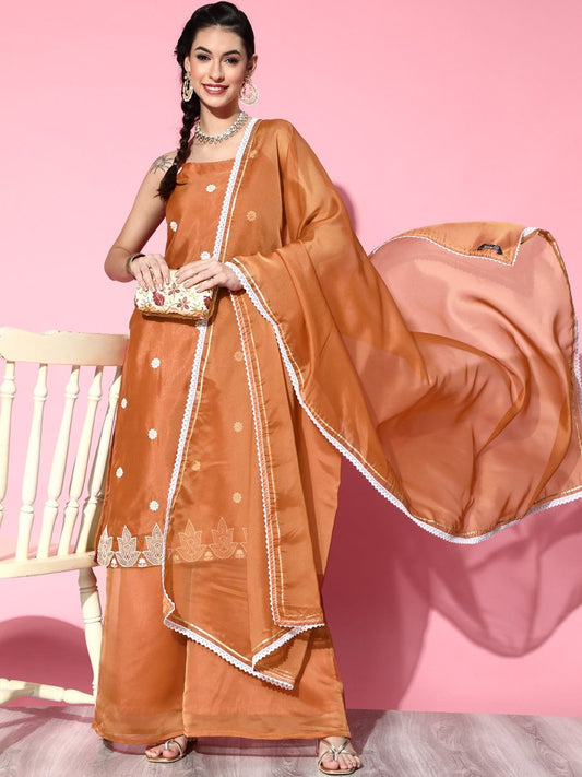 Women Rust-Orange Shibori Embroidered Thread Work Organza Kurta Palazzos & Dupatta - Inddus.com