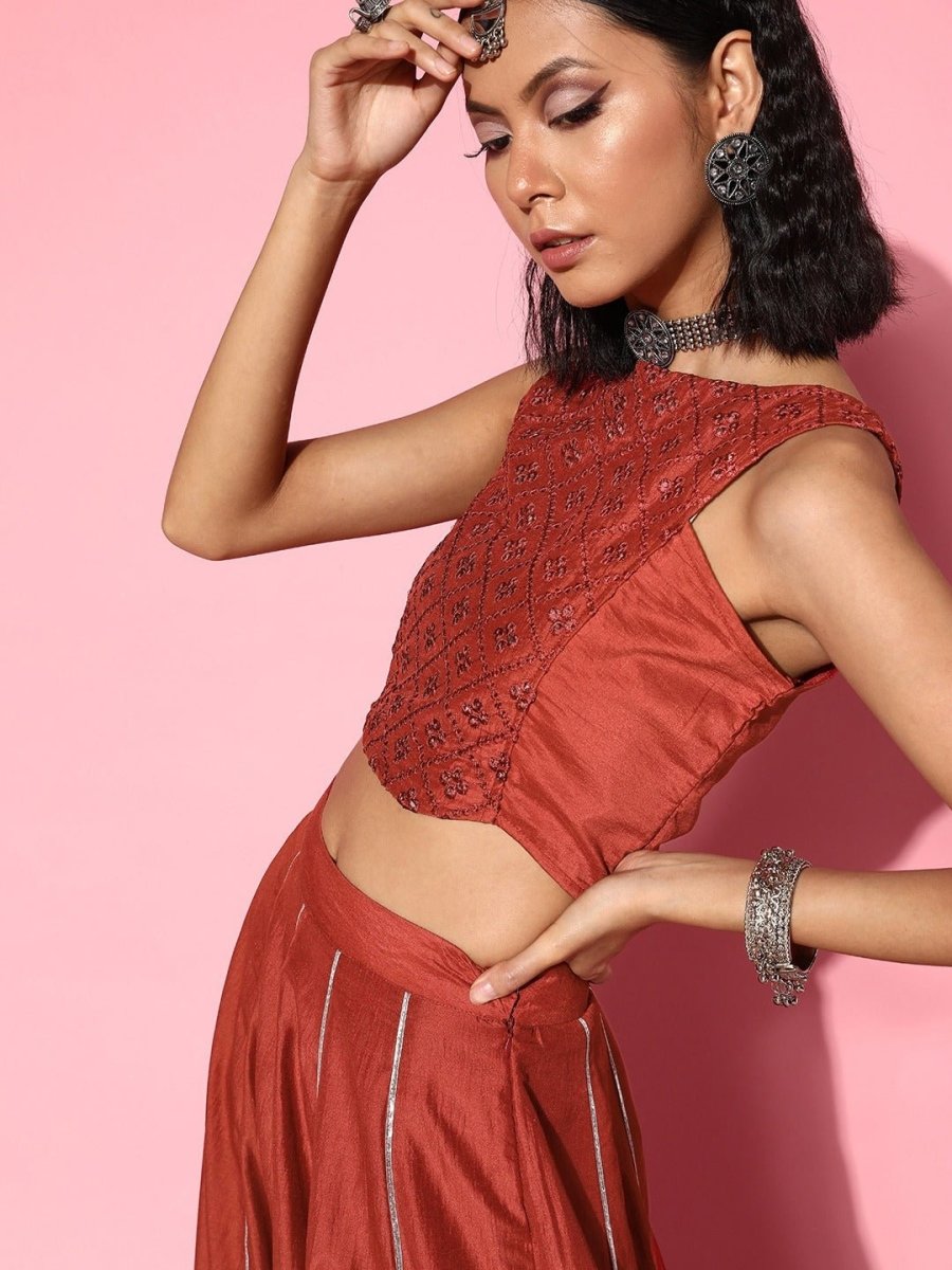 Women Rust Self-design Top With Skirt - Inddus.com