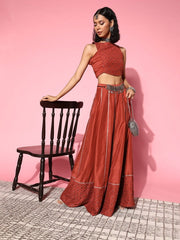 Women Rust Self-design Top With Skirt - Inddus.com