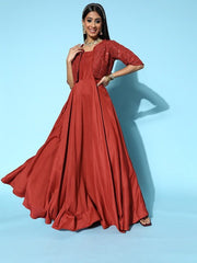 Women Rust Solid Swirling Volume Dress - Inddus.com
