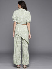 Women Sage Green & White Printed Shirt & Palazzo with Belt - Inddus.com