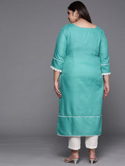 Women Sea Green Solid Yoke Design Lace Inserts Straight Kurta - Inddus.com