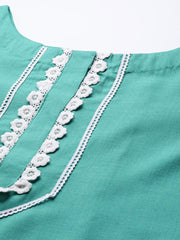 Women Sea Green Solid Yoke Design Lace Inserts Straight Kurta - Inddus.com