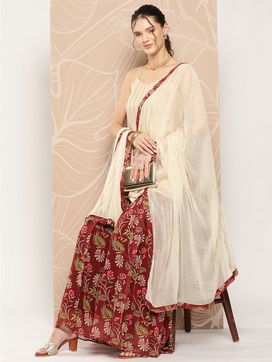 Women Sequinned Chanderi Cotton Kurta With Sharara & With Dupatta - Inddus.com