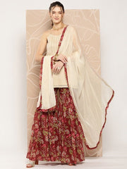 Women Sequinned Chanderi Cotton Kurta With Sharara & With Dupatta - Inddus.com