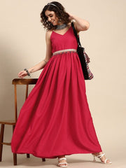 Women Solid Maxi Dress with Embellished Belt - Inddus.com