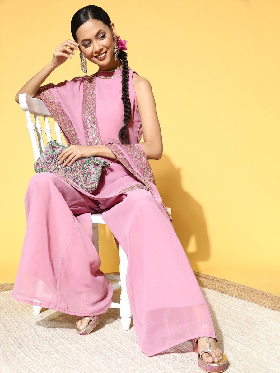 Women Solid Poly-Georgette Ethereal Embroidery Kurta Set - Inddus.com