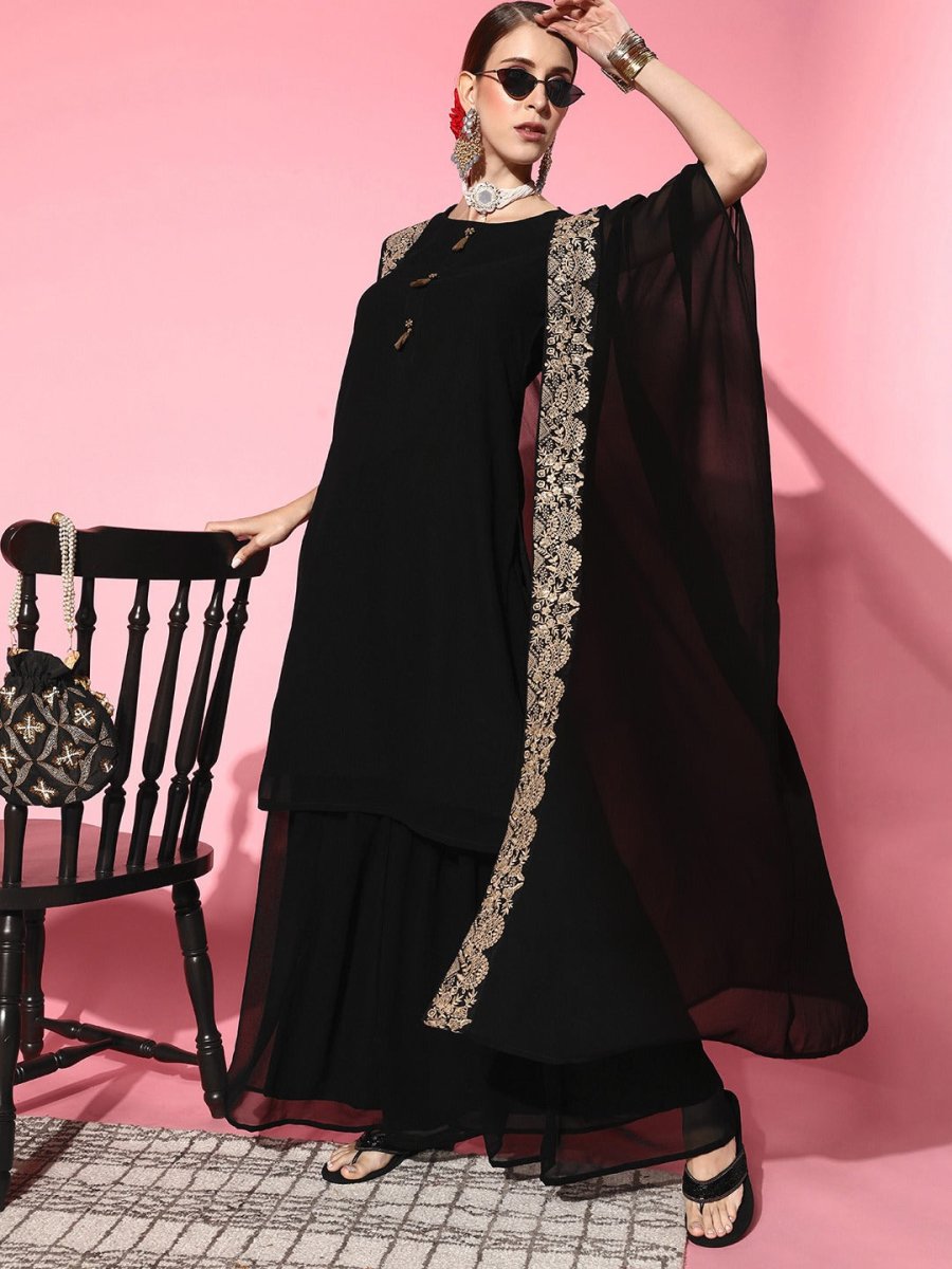 Women Solid Poly-Georgette Ethereal Embroidery Kurta Set - Inddus.com