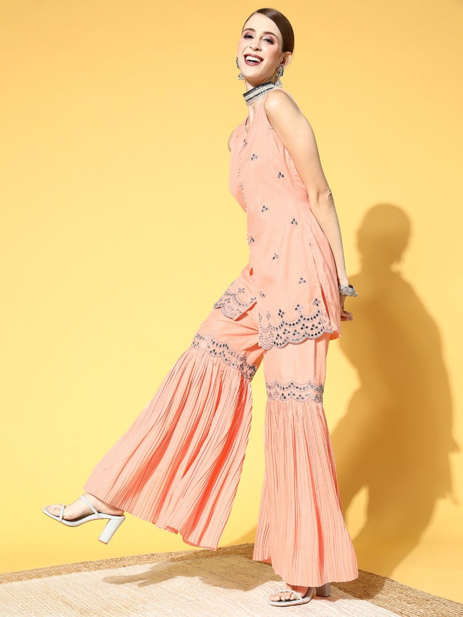 Women Solid Silk Blend Ethereal Embroidery Kurta Set - Inddus.com