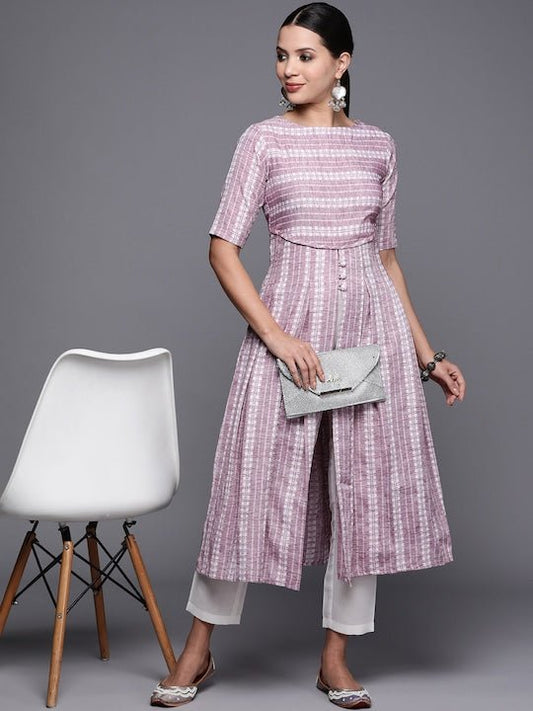 Women Striped High Slit Kurta With Trousers - Inddus.com