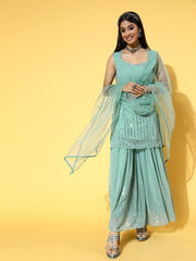 Women Striped Poly-Georgette Ethereal Embroidery Kurta Set - Inddus.com