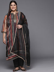 Women Striped Sequinned Straight Kurta with Trousers & With Dupatta - Inddus.com