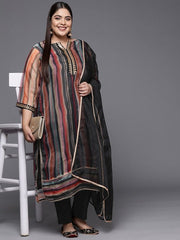 Women Striped Sequinned Straight Kurta with Trousers & With Dupatta - Inddus.com