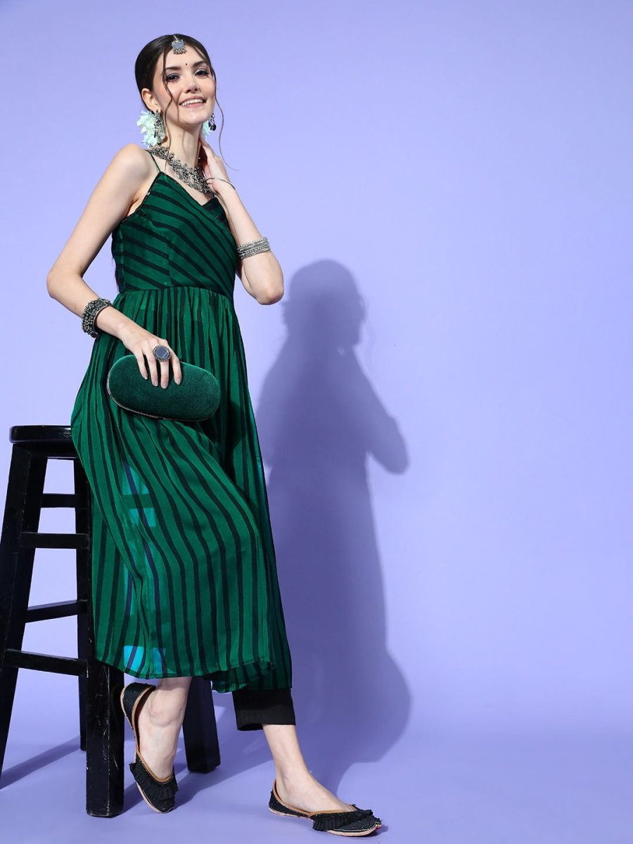 Women Striped Silk Blend New Neckline Kurta Set - Inddus.com