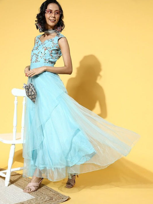 Women Stylish Blue Ethnic Motifs Ethereal Embroidery Dress - Inddus.com