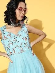 Women Stylish Blue Ethnic Motifs Ethereal Embroidery Dress - Inddus.com