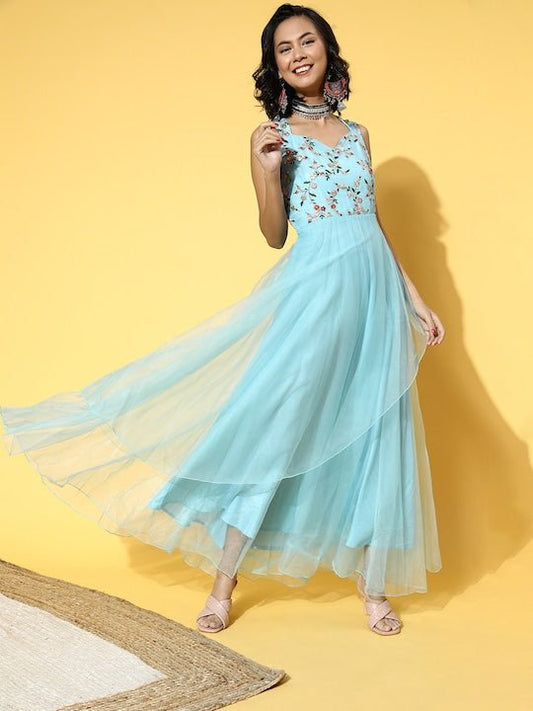 Women Stylish Blue Ethnic Motifs Ethereal Embroidery Dress - Inddus.com