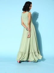 Women Stylish Green Ethnic Motifs Ethereal Embroidery Dress - Inddus.com