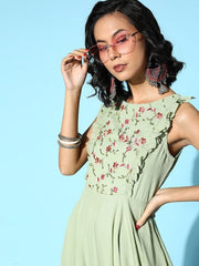 Women Stylish Green Ethnic Motifs Ethereal Embroidery Dress - Inddus.com