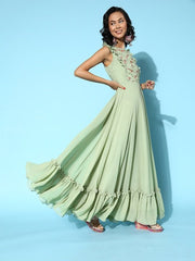 Women Stylish Green Ethnic Motifs Ethereal Embroidery Dress - Inddus.com