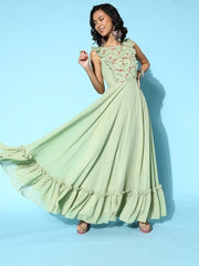 Women Stylish Green Ethnic Motifs Ethereal Embroidery Dress - Inddus.com