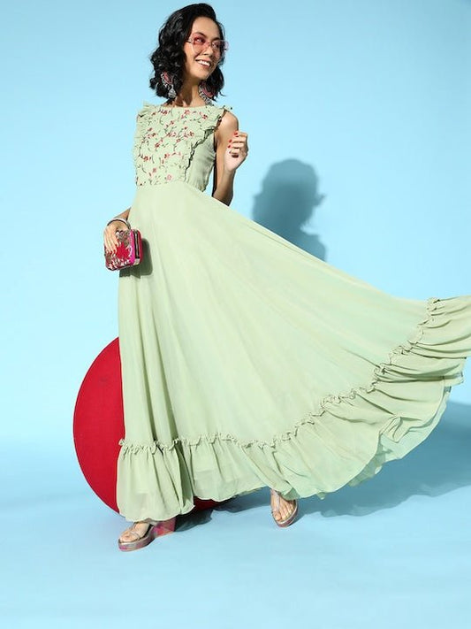 Women Stylish Green Ethnic Motifs Ethereal Embroidery Dress - Inddus.com