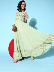 Women Stylish Green Ethnic Motifs Ethereal Embroidery Dress - Inddus.com