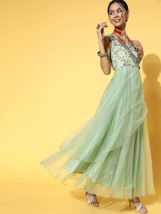 Women Stylish Green Floral Ethereal Embroidery Dress Women Stylish Green Floral Ethereal Embroidery Dress