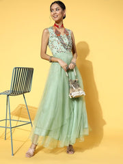 Women Stylish Green Floral Ethereal Embroidery Dress - Inddus.com