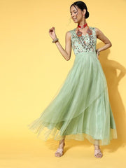 Women Stylish Green Floral Ethereal Embroidery Dress - Inddus.com