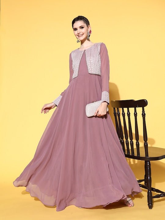 Women Stylish Mauve Georgette Elevated Gown - Inddus.com