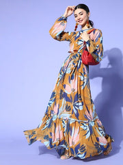 Women Stylish Mustard Floral Gown for Days - Inddus.com