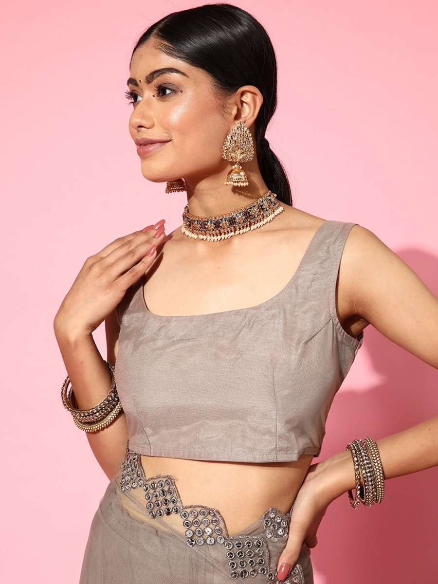Women Taupa Solid Sequinned Embellished Saree - Inddus.com