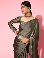 Women Taupe Solid Embroidered Sequinned Festive Saree - Inddus.com