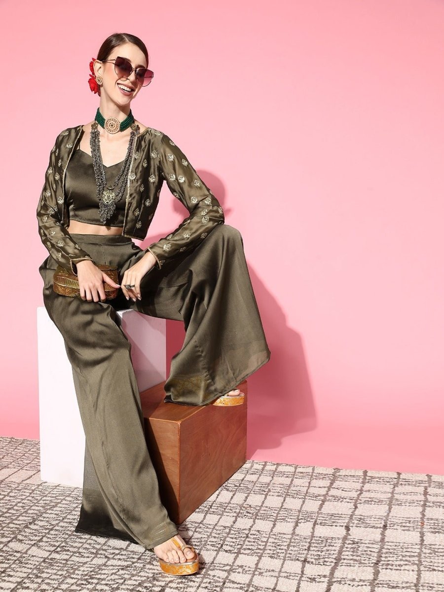 Women Taupe Solid Top With Palazzos - Inddus.com