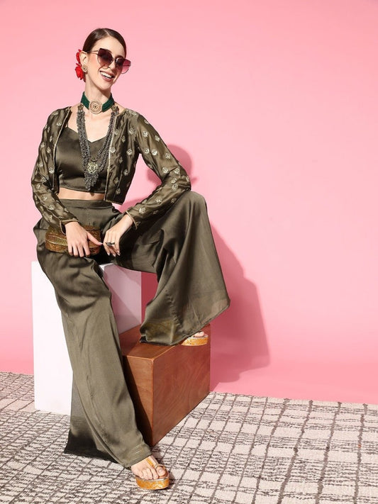 Women Taupe Solid Top With Palazzos - Inddus.com