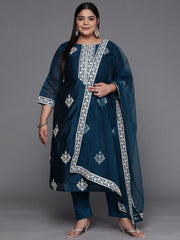Women Teal Blue Embroidered Sequinned Chanderi Cotton Kurta Set With Dupatta - Inddus.com