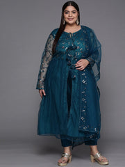 Women Teal Blue Embroidered Sequinned Kurta with Trousers & Net Dupatta - Inddus.com