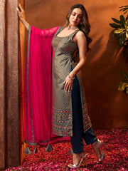 Women Teal Blue & Golden Woven Design Kurta with Trousers & Dupatta - Inddus.com
