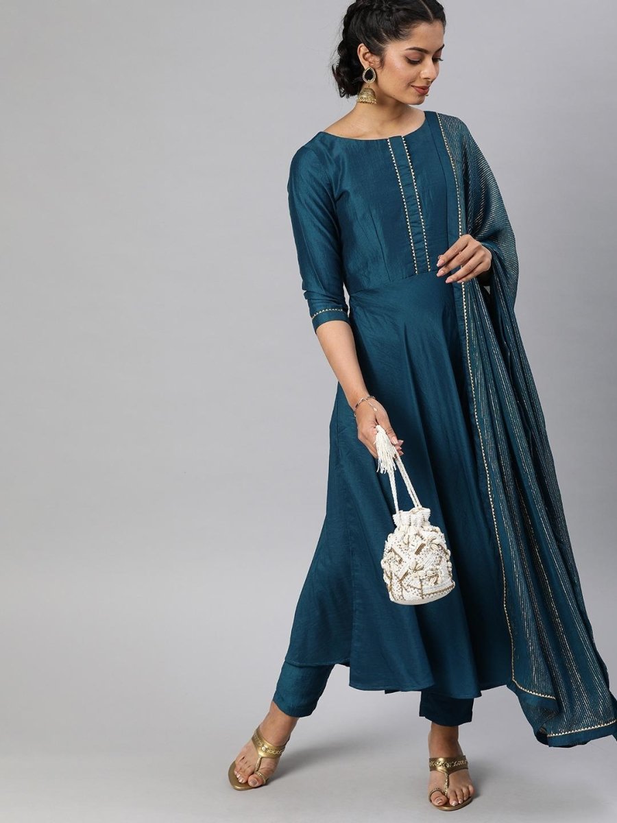 Women Teal Blue Solid Gotta Patti Kurta Set - Inddus.com