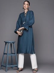 Women Teal Blue Tie-Up Neck Kurta - Inddus.com